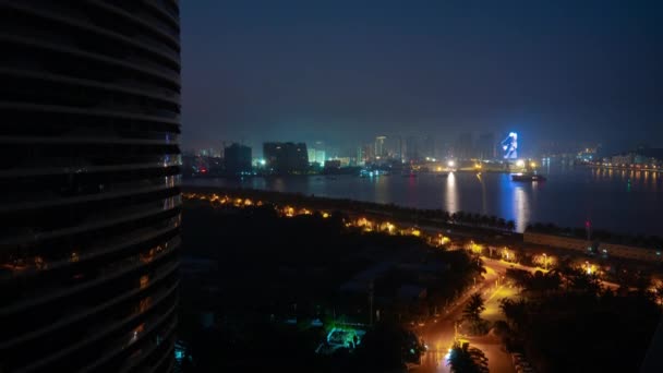 Night Illuminated Hainan Island Sanya Bay Apartment Complex Panorama Timelapse Royalty Free Stock Video