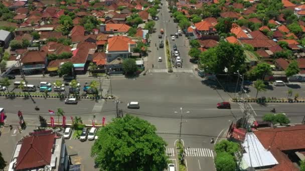 Sunny Day Bali Island Flight Town Traffic Street Crossroad Aerial Video Clip