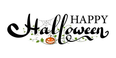 İzole edilmiş beyaz arkaplan içeren Cadılar Bayramı vektörünüz kutlu olsun. Tatil harfi pankartı. Cadılar Bayramı kutlama posteri, örümcek ağı, balkabağı. Tebrik kartı, Ekim partisi davetiyesi. Vektör illüstrasyonu