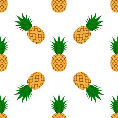 Ananaslı, pürüzsüz desen. Tropik meyve tekstil dokusu izole edilmiş beyaz arkaplan. Yemek baskısı, kumaş ambalajı dekoratif fon. Tipografi grafiği. Tasarım elemanı Vektör illüstrasyonunu tekrarla