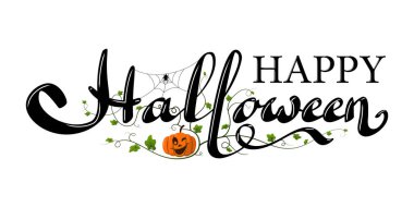 İzole edilmiş beyaz arkaplan içeren Cadılar Bayramı vektörünüz kutlu olsun. Tatil harfi pankartı. Cadılar Bayramı kutlama posteri, örümcek ağı, balkabağı. Tebrik kartı, Ekim partisi davetiyesi. Vektör illüstrasyonu