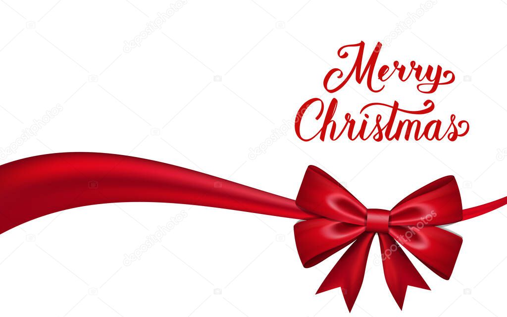 Merry Christmas background. Red elegant calligraphic lettering isolated on white. Bright text realistic 3D ribbon bow top view. Decoration for Christmas and Happy New Year holiday. Vector illustration