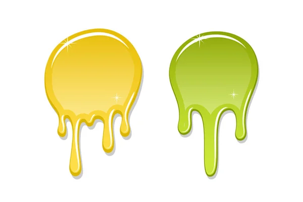 Drip Paint Spot Set Isolated White Background Green Yellow Ink — Wektor stockowy
