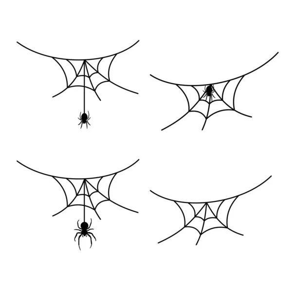 Enge Spinnenweb Set Geïsoleerde Witte Achtergrond Cobweb Zwarte Spin Halloween — Stockvector