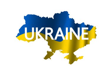 Ukrayna haritası 3 boyutlu, izole edilmiş beyaz arkaplan. Mavi, sarı renk simgesi, ulusal amblem işareti. Sembol Ukrayna. Vatansever metin tasarımı. Mesaj savaşı durdurur. Barışı, özgürlüğü kabul et. Vektör illüstrasyonu