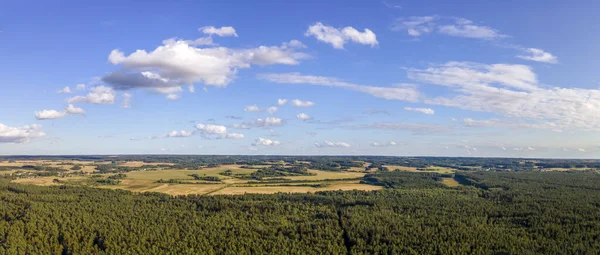 Modrá Obloha Panorama Mraky Nad Vrcholky Zelených Stromů Bílé Načechrané — Stock fotografie