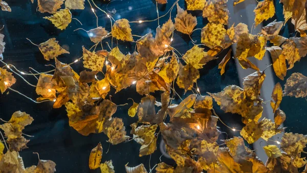 秋天的室内装饰 轻盈的花环和黄色的叶子 舒适的简约主义抽象秋天的内部海报 案文的篇幅 选择性重点 — 图库照片