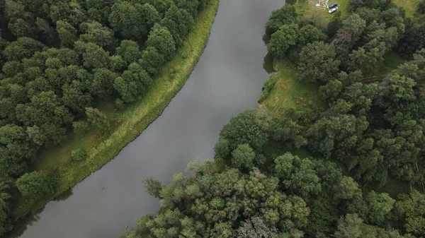 Bosque Con Río Sinuoso Atardecer Fotografía Aérea Con Dron —  Fotos de Stock