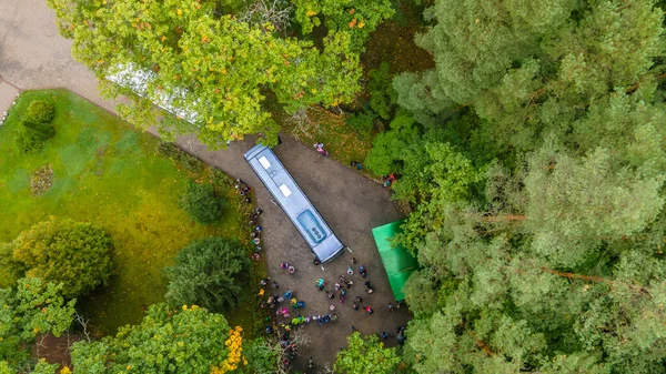 Otoparktaki otobüslerin ve turistlerin hava manzarası. Turist modern otobüsleri güneşli bir günde turistleri bekliyor..