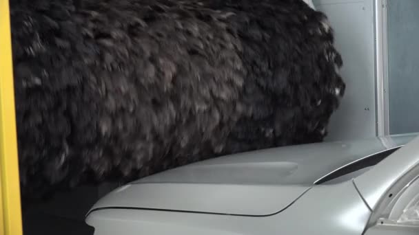 防静电设备Emu和机器人车体涂装 在油漆汽车之前用鸵鸟羽毛作防静电处理 工厂汽车喷漆用的输送机 — 图库视频影像