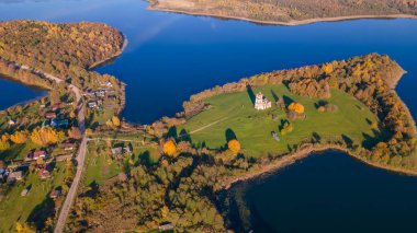Göl kıyısında sarı ağaçlar olan sonbahar manzarası. Doğa konsepti. Metin için boşluk.