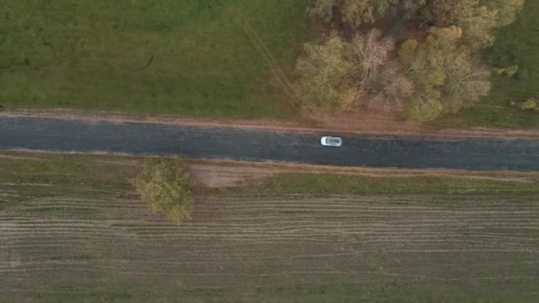 Kırsal Yolda Beyaz Elektrikli Arabanın Hava Manzarası Kırsal Kesimden Geçen — Stok video