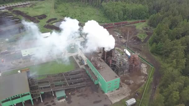 泥炭植物の工業用煙突から出る熱い蒸気 村の泥炭ブリケット工場 煙突から煙が出てくる 生態学的概念 — ストック動画