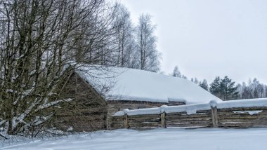 Kış karı köyün evini, çitlerini ve ağaçlarını kapladı. Güzel bir kışın ortasında, bir sürü beyaz kar ve ağaçla dolu güzel bir köy evi..