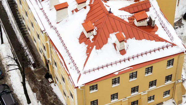 Texture Natural Snow Red Roof Winter View Apartment Building Roof — Stock Photo, Image