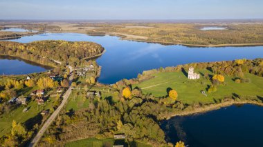 Göl kıyısında sarı ağaçlar olan sonbahar manzarası. Doğa konsepti. Metin için boşluk.