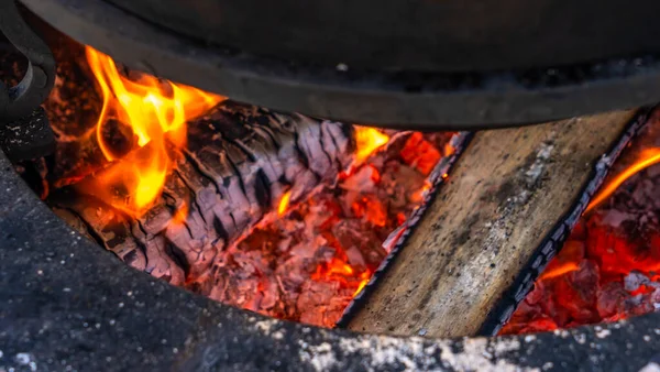 Flaring Fire Coals Close View Barbecue Charcoal Fire Red Hot — Stock Photo, Image