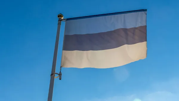 Bandeira Estoniana Frente Céu Azul Com Clarão Lente Conceito Diplomacia — Fotografia de Stock