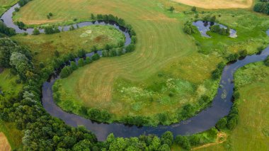 Yeşil tarladaki kıvrımlı nehrin havadan manzarası, insansız hava aracının güzel doğa arka planının üst görüntüsü. Kopya alanı olan mevsimlik yaz manzarası.