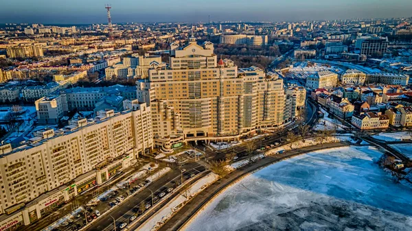 Panorama Lotnicza Historycznego Centrum Mińska Nowoczesnymi Starymi Budynkami Koncepcja Podróży — Zdjęcie stockowe