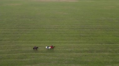 Çayırda at süren klasik kostümlü grup sürücülerinin hava görüntüsü. Binicilik konsepti. Kırsal kesimde ekolojik ulaşım.
