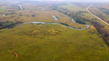 Küçük nehrin kıyısında sarı ağaçlarla kaplı sonbahar manzarası. Doğa konsepti. Metin için boşluk.