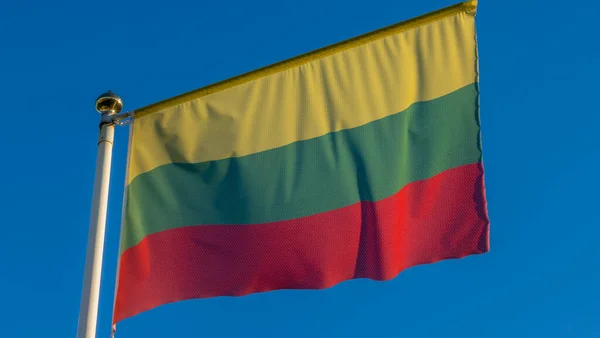Nationale Vlag Van Litouwen Een Vlaggenmast Voor Blauwe Hemel Met — Stockfoto