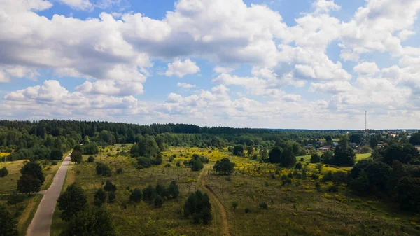 Letní Venkovská Krajina Modrou Oblohou Mraky Loukou Lesem Letecký Pohled — Stock fotografie