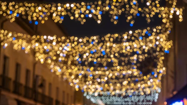 Defocused Christmas Lights Garland Border Black Background Flat Lay Copy — Stock Photo, Image