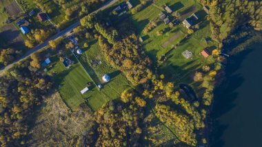 Göl kıyısında sarı ağaçlar olan sonbahar manzarası. Doğa konsepti. Metin için boşluk.