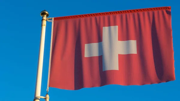 在蓝天前的旗杆上挂满了太阳光和镜头耀斑的瑞士国旗 外交概念 国际关系 案文的篇幅 — 图库照片