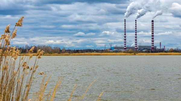Vista Panorâmica Central Elétrica Lukomlskaya Gres Chaminés Com Fumaça Usina — Fotografia de Stock