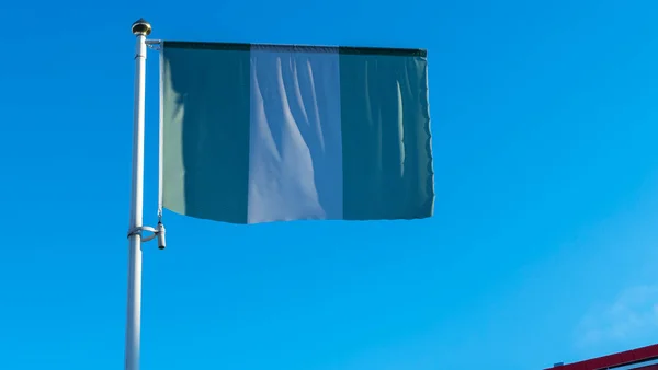 太陽光線とレンズフレアを持つ青い空の前の旗竿にナイジェリアの国旗 外交概念 国際関係 テキストのスペース — ストック写真