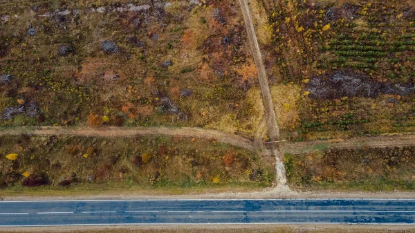 Vista Aérea Cima Para Baixo Estrada Asfalto Rural Outono Cores — Fotografia de Stock