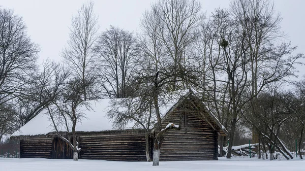Prachtige Winter Natuur Achtergrond Landelijk Landschap Met Een Oude Schuur — Stockfoto