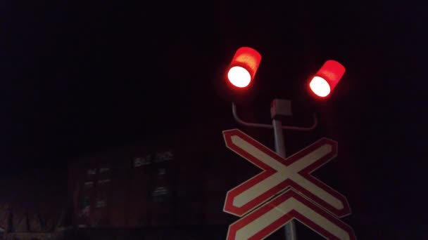 夜行列車は夜間に道路の踏切を通過する 長い貨物列車は夜に鉄道で移動する 論理的概念 — ストック動画