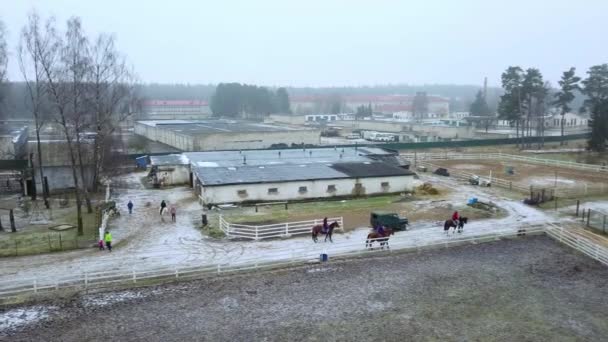 Ludzie Jeżdżą Koniach Przez Śnieżny Krajobraz Aktywny Wypoczynek Koncepcja Przygody — Wideo stockowe