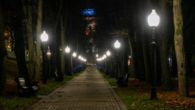 Altın sonbahar mevsiminde asfalt ve banklarda düşen sarı yapraklarla dolu bir sonbahar parkı. Fenerlerle aydınlatılmış..