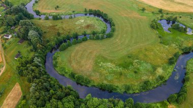 Yeşil tarladaki kıvrımlı nehrin havadan manzarası, insansız hava aracının güzel doğa arka planının üst görüntüsü. Kopya alanı olan mevsimlik yaz manzarası.