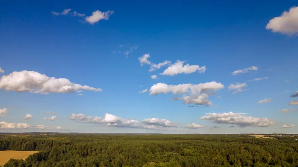 Ovanifrån Gröna Fält Skog Och Molnig Blå Himmel Sommaren Abstrakt — Stockfoto