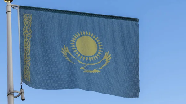 Nationale Vlag Van Republiek Kazachstan Een Vlaggenmast Voor Blauwe Hemel — Stockfoto
