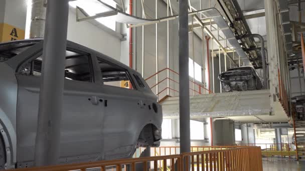 Car Bodies Production Line Skeleton Car Moves Conveyor Car Factory — Stock Video