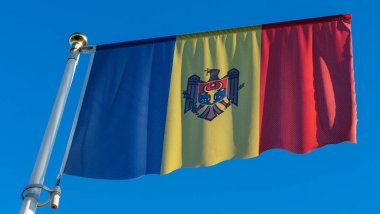 Büyük Moldova bayrağı klasik mavi arka planda rüzgarda dalgalanıyor. Diplomasi konsepti. Uluslararası ilişkiler. Metin için boşluk.