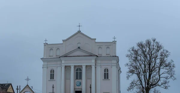 Ostrovets Grodno地域の聖人コスマスとダミアン教会は灰色の空を背景に木の枝を持ちます 崇拝と歴史遺産の概念 — ストック写真