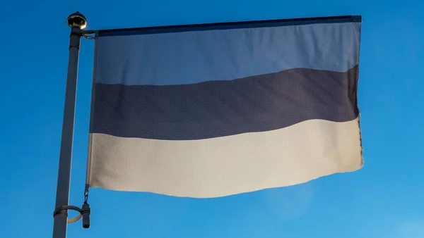 Bandeira Estoniana Frente Céu Azul Com Clarão Lente Conceito Diplomacia — Fotografia de Stock