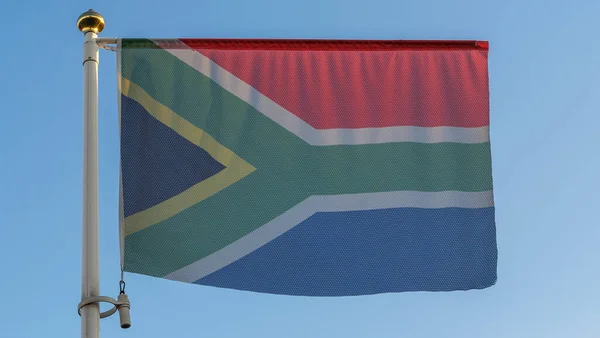 Sydafrikas Nationalflagga Flaggstång Framför Blå Himmel Med Solstrålar Och Linsbloss — Stockfoto