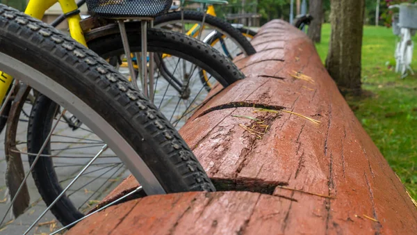 Ρουστίκ Σχάρα Ποδηλάτων Σταντ Στάθμευσης Ποδηλάτων Κατασκευασμένο Από Trunk Πάρκινγκ — Φωτογραφία Αρχείου