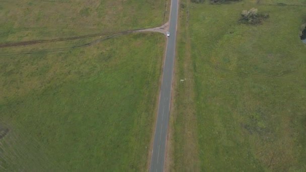 从空中俯瞰白色电动汽车在乡村道路上行驶的景象 经过农村公路的现代车辆 生态友好的汽车沿着高速公路行驶 顶部视图 — 图库视频影像