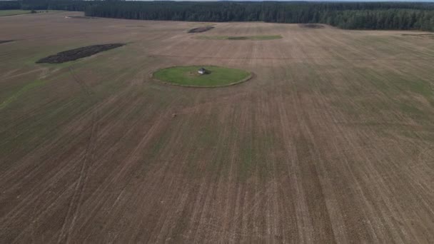 Засеянные Очищенные Поля Сельского Хозяйства Воздушная Блокировка Поля Амбаром Посередине — стоковое видео