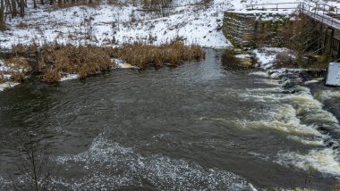 Kışın erken saatlerinde bulutlu bir günde küçük bir nehrin kış manzarası. Kristallerin içinde kurumuş çimenler var. Kışın bir tarlada akan su..